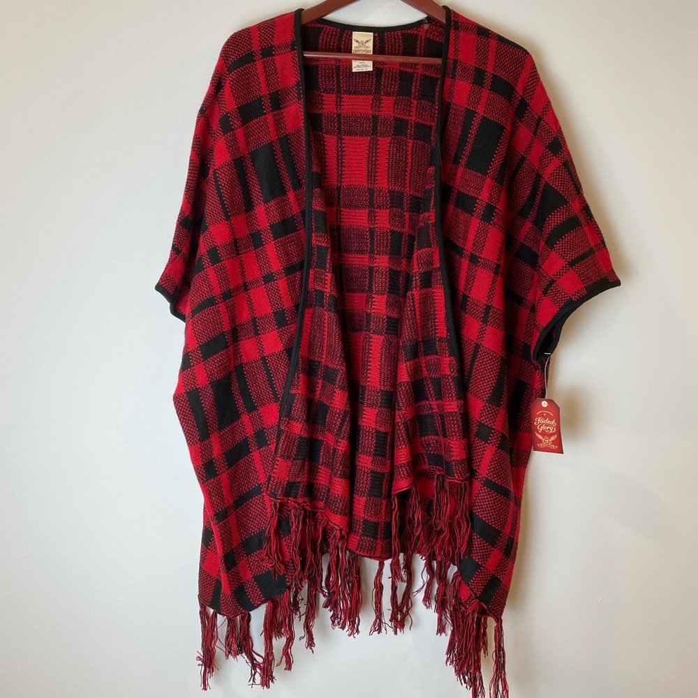 NWT Faded Glory Red and Black Buffalo Plaid Open Poncho Sweater - Picture 3 of 12
